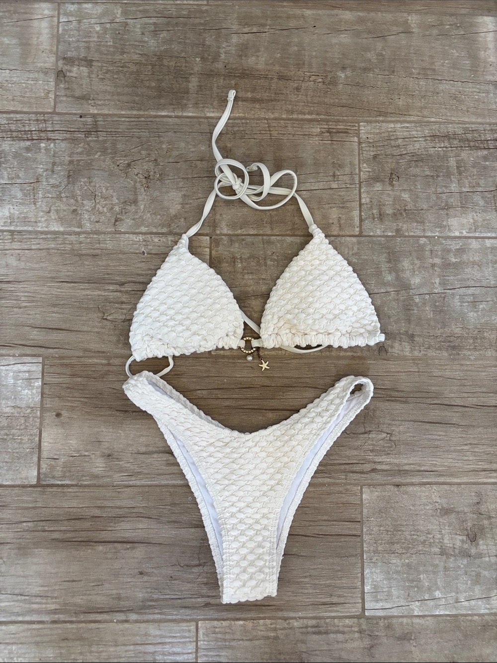 Textured White Crochet Triangle Bikini Set